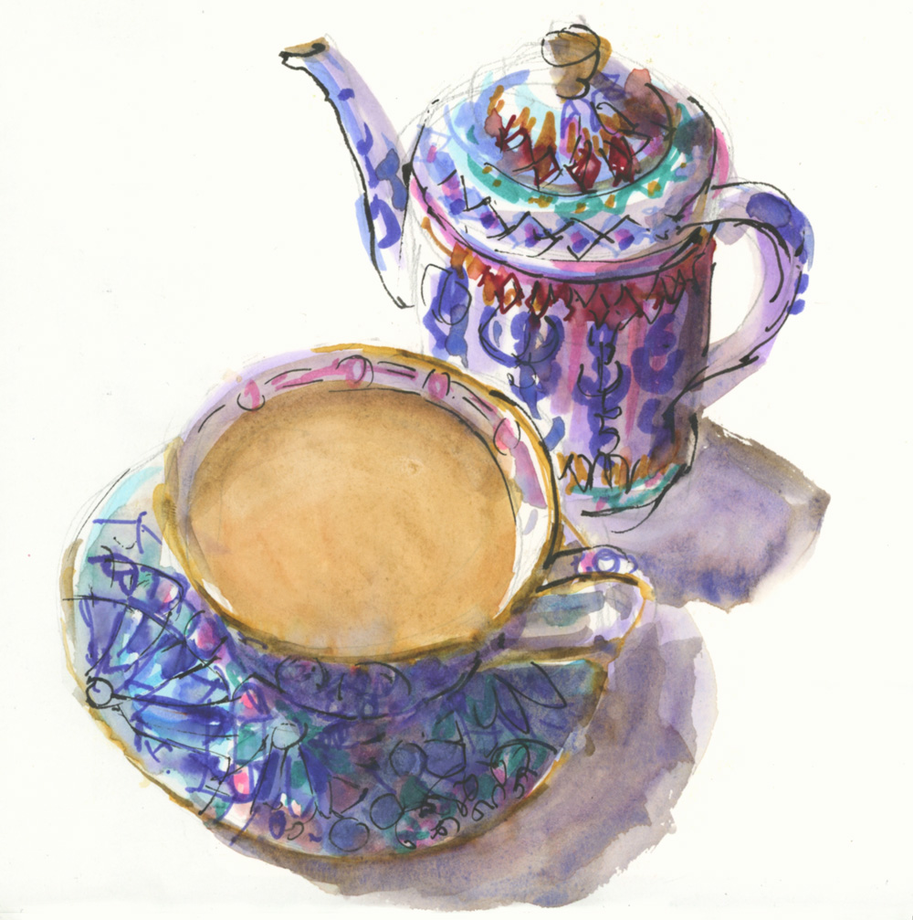 My Entire Teapot Collection - in coloured pencils - Liz Steel